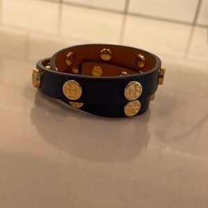 Tory Burch Blue Leather and Gold Wrap Bracelet